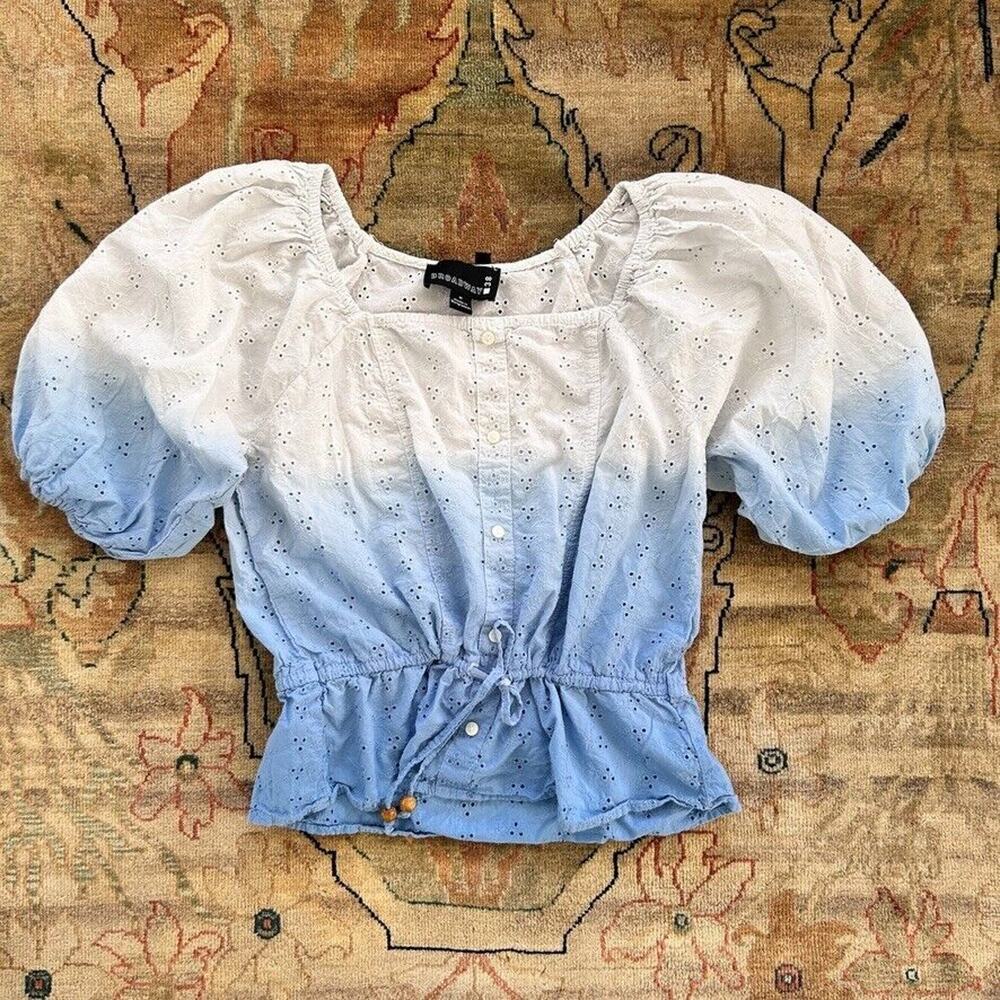 Blue Eyelet Summer Blouse Women's M ombré by Broadway 38